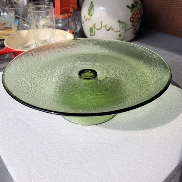 Vintage Avocado Green Textured Glass Cake Stand Mid Century - Picture 2 of 8